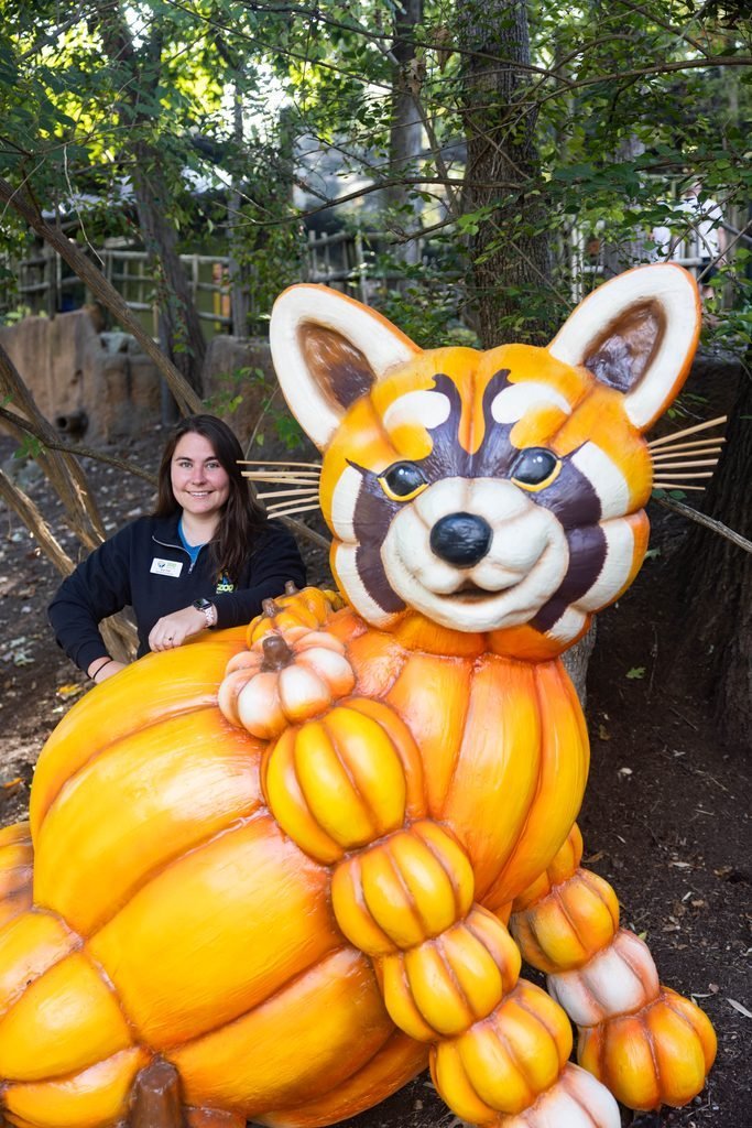 Suzi posing with red panda pumpkin animal